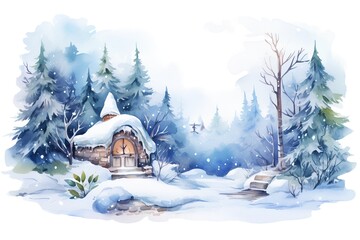 Fototapeta na wymiar Watercolor winter landscape with wooden house in the forest. Hand drawn illustration