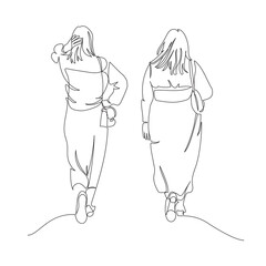 2 women slim and fat walking. Wearing long skirts, casual clothes. Continuous line drawing. Vector illustration in line art style.