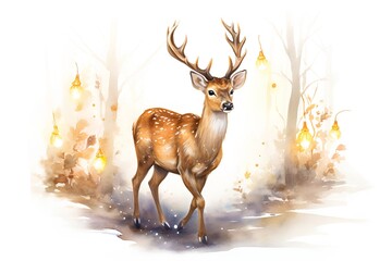 Watercolor deer in winter forest. Hand drawn illustration isolated on white background