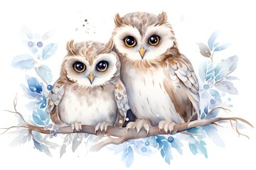 Watercolor illustration of a pair of owls sitting on a branch