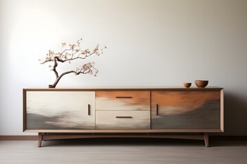 Stylish living room with a wooden dresser, modern interior design. Genarative ai