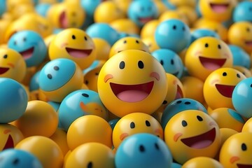 Happy and laughing emoticons 3d rendering background, social media and communications concept. - obrazy, fototapety, plakaty