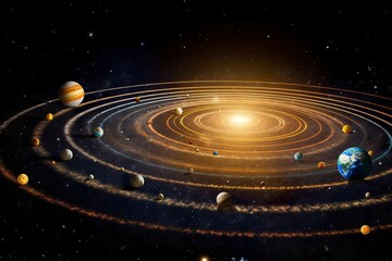 Fototapeta na wymiar Our 3d Solar system with planets in orbits path. 