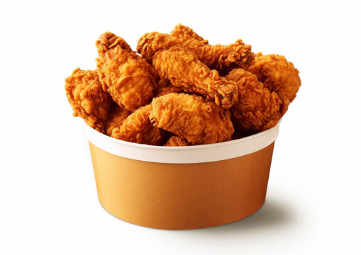 Fried chicken cruncgy snack in takeaway bucket on white background.Macro.AI Generative