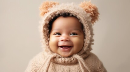 Newborn in neutral clothing joyfully smiles at the camera against a studio's beige backdrop. Generative AI