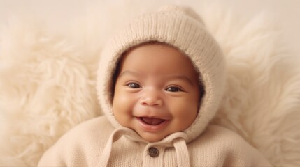 Fototapeta na wymiar Multicultural baby grinning in neutral attire against a beige studio background. Generative AI