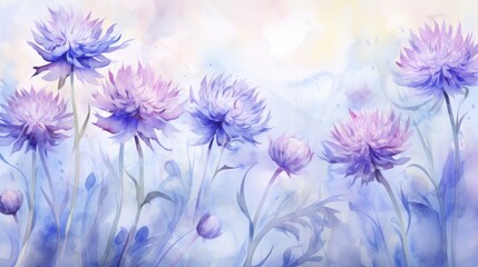 Blue purple watercolour cornflower knapweed centaurea summer flower spring meadow. Floral blossom painting