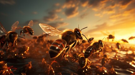 A swarm of bees flying around in the air at sunset - obrazy, fototapety, plakaty