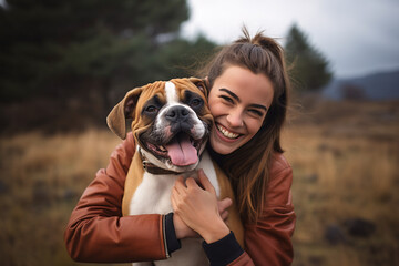 Young pretty woman smiling happily while hugging her adorable funny bulldog pet outdoors. Friendship.