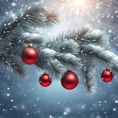 Christmas tree background decoration with snow and red balls