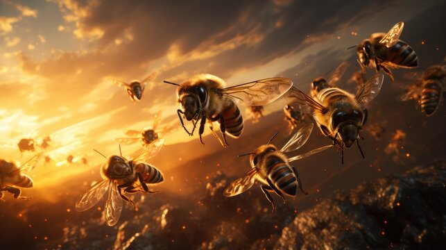 A swarm of bees flying around in the air at sunset