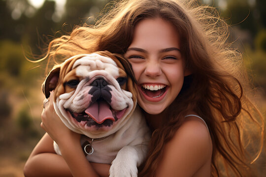 Happy teenage girl with long hair hugging tightly her funny bulldog puppy with very wrinkled face and tongue out. Backlight.