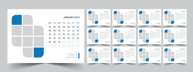 Calendar 2024 planner corporate template design set. Week starts on Monday. template for annual calendar 2024