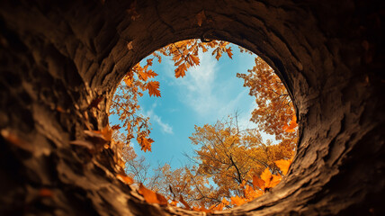 round autumn frame of leaves and branches in the form of a rabbit hole view from inside