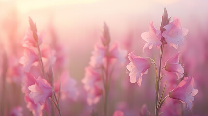 Obraz premium pink flowers nature background gladioli, delicate pastel colors, landscape field of flowers