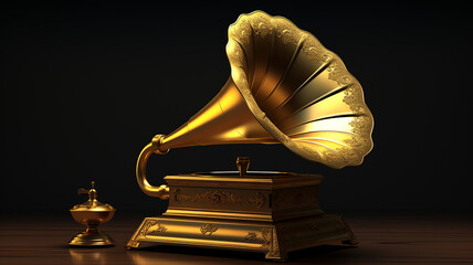 golden vintage gramophone, music antique retro loud sound