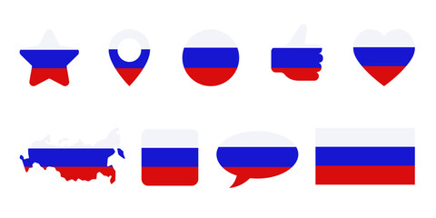 Icon set with star, heart, map, pin, speech bubble and thumbs shapes of russian flag colors. Symbols or signs isolated on white. Vector clipart, illustration of event or national holidays in Russia.