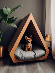Dog sitting in pet booth. Cozy house inside interior. - obrazy, fototapety, plakaty
