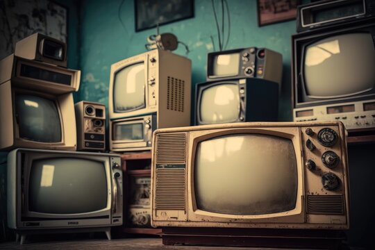 Retro TVs of various sizes are in an old abandoned room.