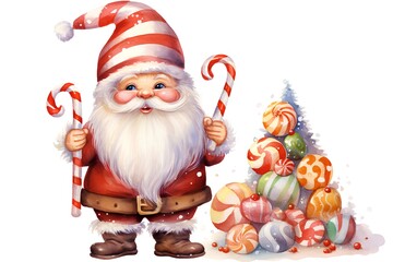 Watercolor Santa Claus with candies. Hand drawn illustration isolated on white background