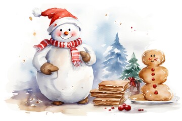 Watercolor christmas illustration with snowman, cookies and Christmas tree