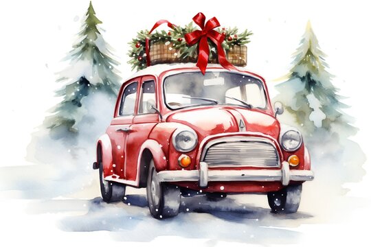 Hand drawn watercolor illustration of a red retro car with christmas tree in the background.