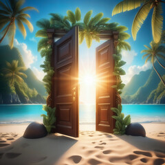 The ability to travel. Open roads for travel. Vacation in a tropical country. An open door to the travel. Palm, sun, sky and ocean. AI generative image.