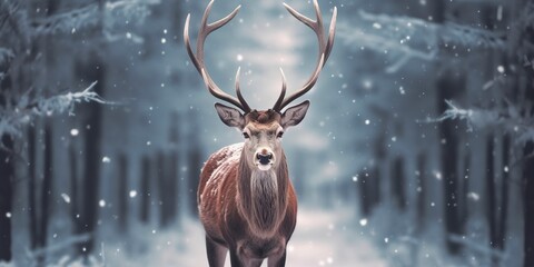 Noble deer male in the winter snow forest. Artistic winter Christmas landscape. 