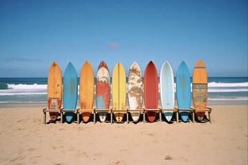 Stacked Surf Boards at Cerritos Beach in Todos Santos, Mexico. Perfect for a Summer Beach Vacation with Blue Skies and Ocean Waves