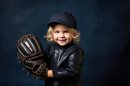 Photo of a young girl in a baseball uniform holding a catcher's mitt
