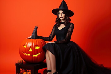 Woman in witch costume on red with pumpkin. Halloween. Festive costume. The young girl was preparing for the holiday.