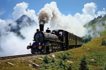 Fototapeta na wymiar A painting of a train on a train track. The locomotive moves among the mountains and beautiful nature along the rails. Smoke from the chimney of a retro train.