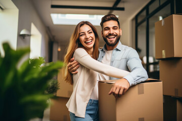 Young happy married couple in their new home after moving in. Unpacking boxes after moving into a new apartment. New homeowners. Mortgage. Rental of property.