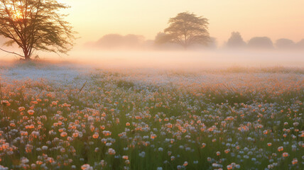 a view of a field of wild flowers in a golden morning mist, a summer landscape on a quiet sunny morning