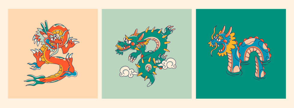 Hand drawn isolated abstract Dragons. Japanese or Chinese oriental style. Trendy colored Vector illustration. T-shirt print, logo, poster, card, design templates, tattoo idea. Symbol of 2024 new year