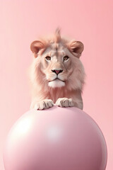 Surreal pastel pop art predator lion with pink ball