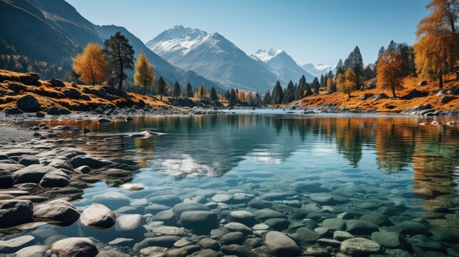 Autumn panorama of mountain lake, Sunny morning view