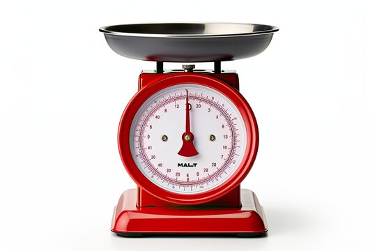 Vintage Red Kitchen Scales Isolated On White Background Clipping