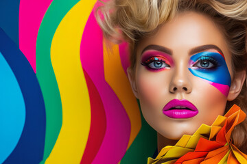 Portrait of beautiful artistic pop art style fashion woman with bright expressive make-up....