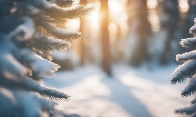 Winter fir tree branch with snow and sunlight bokeh - Powered by Adobe
