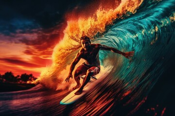 Surfer riding a big barrelling wave