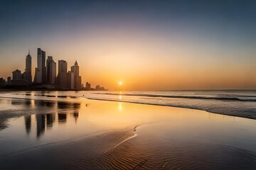 Fototapeta premium Sunrise over City Skyline Reflected on Beach