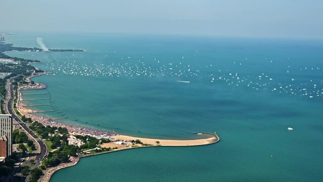 U.S. Air Force Thunderbirds flying on the coast of downtown Chicago, sunny USA
