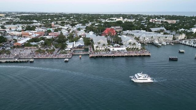 Key west aerial view of people gathering for sunset celebration in Mallory Square