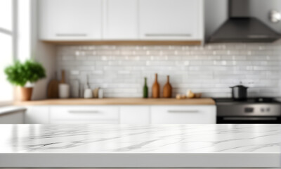 Empty kitchen table and blurred kitchen background