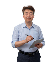 Portrait of a middle-aged Asian male businessman in his 50s wearing a blue shirt