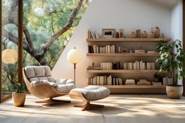 modern minimalist reading room with light natural materials - obrazy, fototapety, plakaty