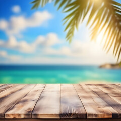Fototapeta premium Empty wooden table, blurred summer sea background with copy space for your product