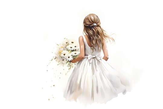 Beautiful girl in a white dress with a bouquet of flowers