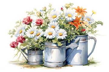 Watercolor summer bouquet of daisies and chamomiles in watering cans